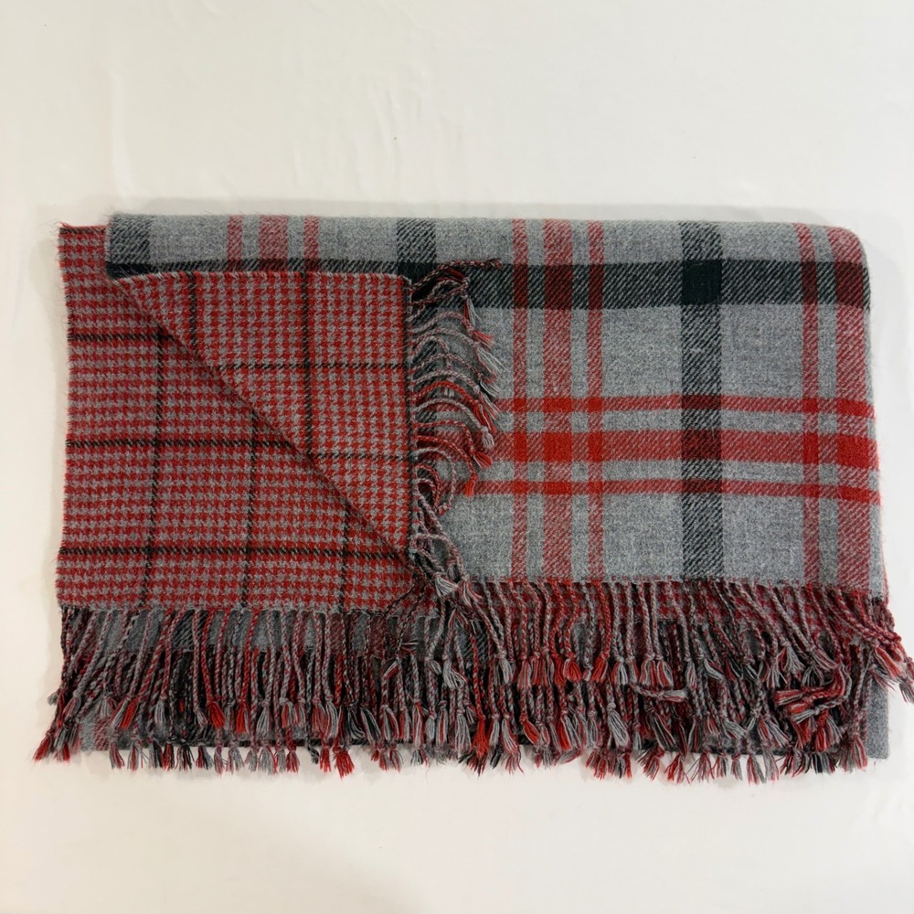 Pottery Barn Reversible Plaid Throw Blanket Red Grey Houndstooth Fringe 50x60